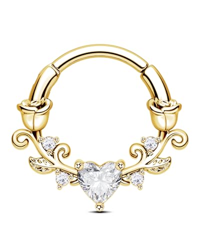 CM Crareesi Mania Rosen Septum Piercing Rings Gold/Silber Septum Clicker 16G Daith Helix Piercing 316L Edelstahl 10/8mm Herz-Zirkonia Earrings for Women von CM Crareesi Mania