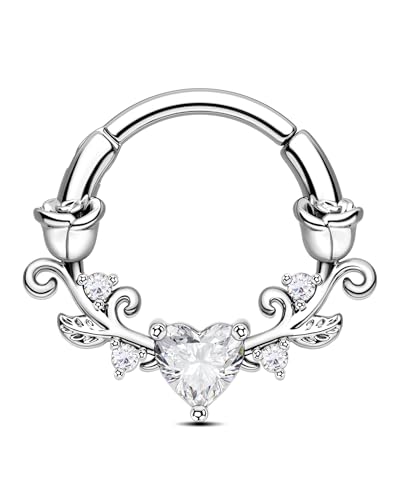 CM Crareesi Mania Rosen Septum Piercing Rings Gold/Silber Septum Clicker 16G Daith Helix Piercing 316L Edelstahl 10/8mm Herz-Zirkonia Earrings for Women von CM Crareesi Mania