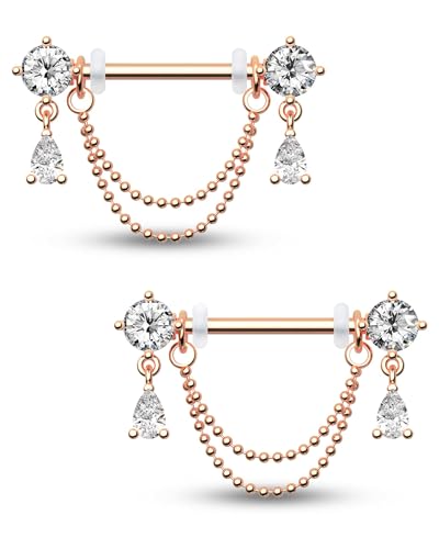 CM Crareesi Mania Teardrop Nipple Bars 14G Nipple Piercing Schmuck 316L Edelstahl Nipple Bar Doppelkette Nipple Shields Barbell Body Piercing Schmuck für Frauen Männer, Zirkonia von CM Crareesi Mania