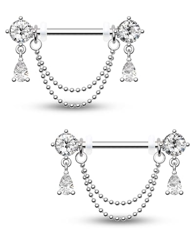 CM Crareesi Mania 2 Stück Hängend Tropfen Nippelpiercing Chirurgenstahl Brustwarzenpiercing Silber 14G Doppelketten Brustpiercing Brust Nippel Piercings Schmuck für Frauen von CM Crareesi Mania