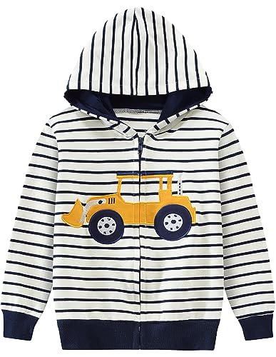 CM-Kid Hoodie Jungen Kapuzenpullover Zip Up Sweatjacke Kinder Kapuzenjacke Warm 6 7 Jahre Bulldozer Streifen Gr.122 von CM-Kid