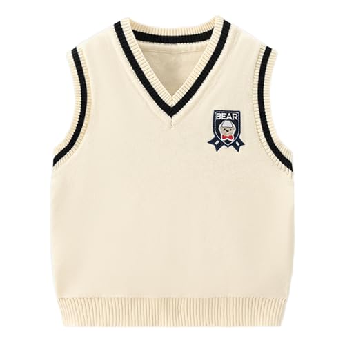 CM-Kid Jungen Ärmellos V-Ausschnitt Strickweste 2 Jahre Kinder Pullunder Gr.92 Herbst Creme Gestrickte Weste Strickpullover von CM-Kid
