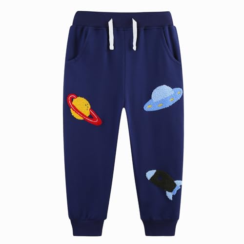 CM-Kid Jungen Jogginghose Trainingshose Sweathose Kinder Hosen Blau Weltraumrakete Muster Sporthose Jogger Hose 122 von CM-Kid