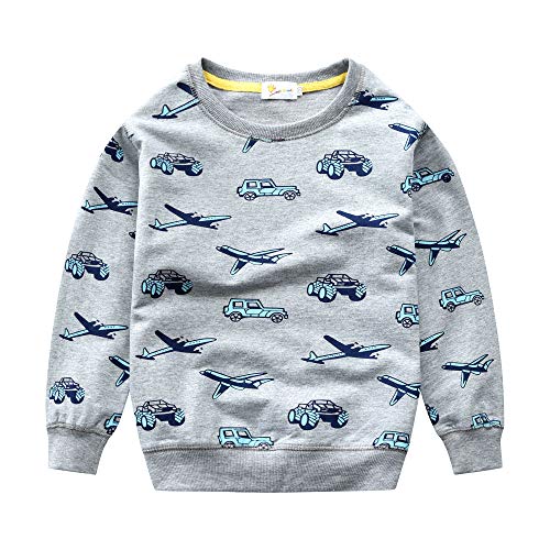 CM-Kid Sweatshirt Jungen Langarmshirt Kinder Pullover Frühling Herbst Winter Baumwolle 5 6 Jahre Flugzeug Auto Grau Gr.116 von CM-Kid