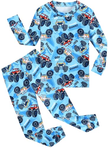 CM-Kid Jungen Pyjama Set Langarm Zweiteiliger Kinder Winter Warme Blau Kart Auto Lang Hausanzug Kinderanzüge 104 von CM-Kid