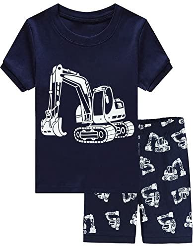 CM-Kid Jungen Schlafanzug Kurzarm Kinder Shorty Pyjama Set Sommer 4 5 Jahre Fluoreszenz Bagger Dunkelblau Gr.110 von CM-Kid
