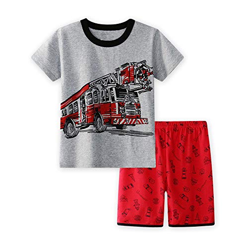 CM-Kid Jungen Schlafanzug Kurzarm Kinder Shorty Pyjamas Set Sommer Baumwolle 4 5 Jahre Feuerwehrauto Grau Gr.110 von CM-Kid
