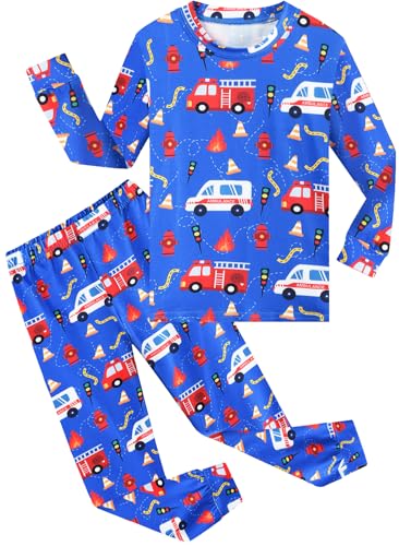 CM-Kid Jungen Schlafanzug Set Kinder 6 Jahre Langarm Pyjama Blau Feuerwehrauto Design Herbst Lang Hausanzug Gr.116 von CM-Kid