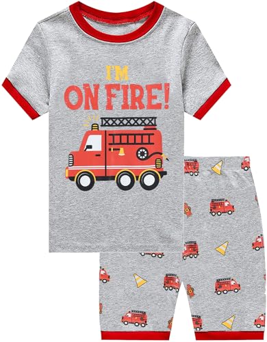 CM-Kid Jungen Schlafanzug Set Kurzarm Kinder Pyjamas Shorty Sommer Baumwolle 4 5 Jahre Feuerwehrauto Grau Gr.110 von CM-Kid