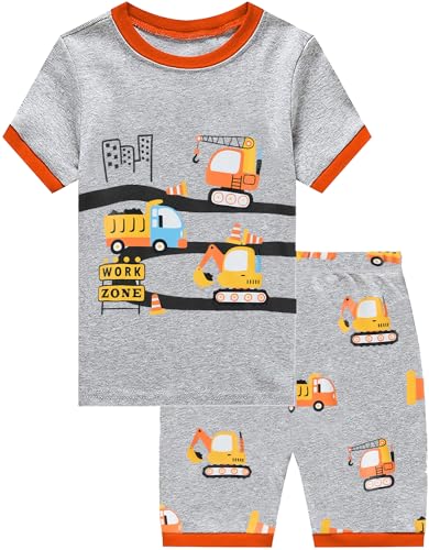 CM-Kid Jungen Schlafanzug Set Kurzarm Kinder Pyjamas Shorty Sommer Baumwolle Nachtwäsche 4 5 Jahre Bagger Grau Gr.110 von CM-Kid