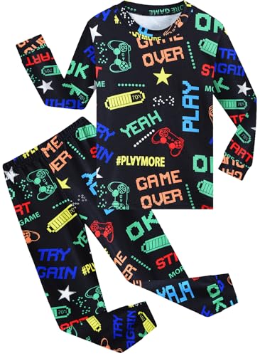 CM-Kid Jungen Schlafanzug Zweiteilig Langarm Schwarz Spielkonsole Kinderanzüge Warme Lang Gaming Nachtwäsche 7 Jahre Gr.122 von CM-Kid