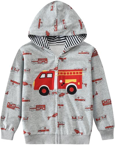 CM-Kid Kapuzenpullover Jungen Sweatjacke Zip Up Hoodie Baumwolle Kinder Kapuzenjacke Warm 5 6 Jahre Feuerwehrauto Grau Gr.116 von CM-Kid
