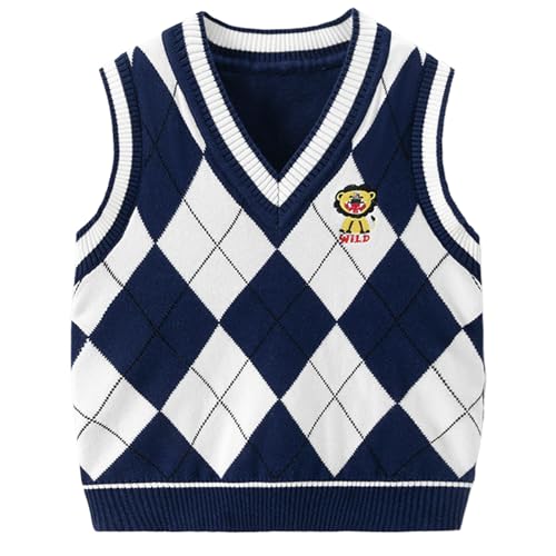CM-Kid Kinder V-Ausschnitt Strickweste Jungen Pullunder Weste Ärmellos Strickpullover Marineblau Karo Sweatshirt 7 Jahre 122 von CM-Kid