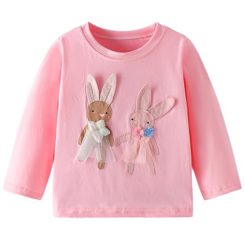 CM-Kid Mädchen Longsleeve Kinder Rundhals Bedruckte Langarmshirt Frühling Herbst Rosenrot Hasen Prints Motiv Oberteile Gr.92-98 von CM-Kid