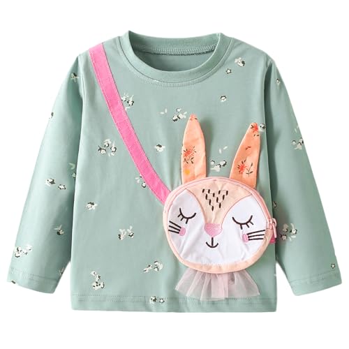 CM-Kid Mädchen Longsleeve Kinder Rundhals Bedruckte Oberteile Frühling Herbst Grün Hasen Kleidung Top Gr.104-110 von CM-Kid