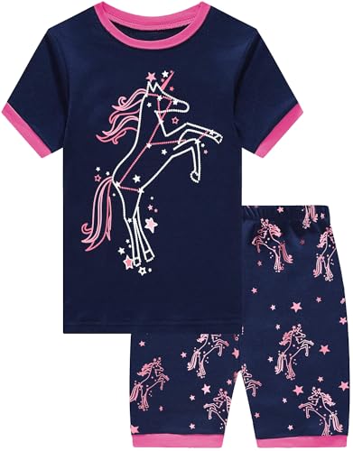 CM-Kid Mädchen Pyjama Set Kurzarm Kinder Schlafanzug Sommer 3 4 Jahre Fluoreszenz Einhorn Dunkelblau Gr.104 von CM-Kid