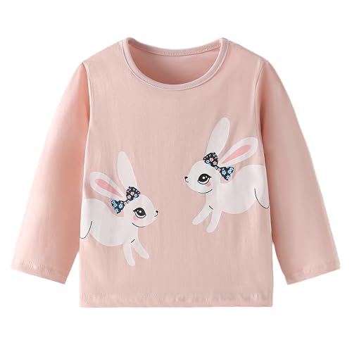 CM-Kid Mädchen Rundhals Langarmshirt Kinder Bedruckte Frühling Herbst Oberteile Hellrosa Hasen Print Kleidung Gr.122-128 von CM-Kid