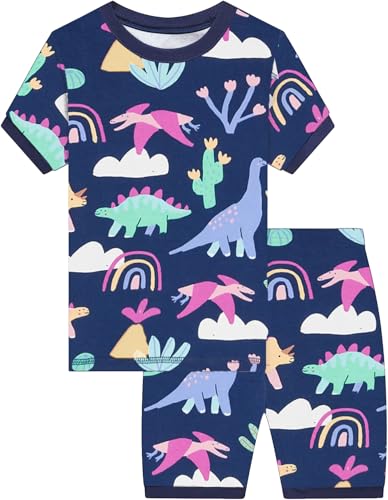 CM-Kid Mädchen Schlafanzug Kurzarm Kinder Shorty Pyjama Set Sommer Nachtwäsche 4 5 Jahre Dinosaurier Dunkelblau Gr.110 von CM-Kid
