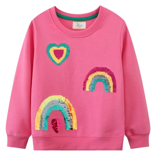 CM-Kid Mädchen Sweatshirts Langarm Pullover Kinder Baumwolle Shirts Warm Tops 6 7 Jahre Pailletten Regenbogen Rosa Gr.122 von CM-Kid