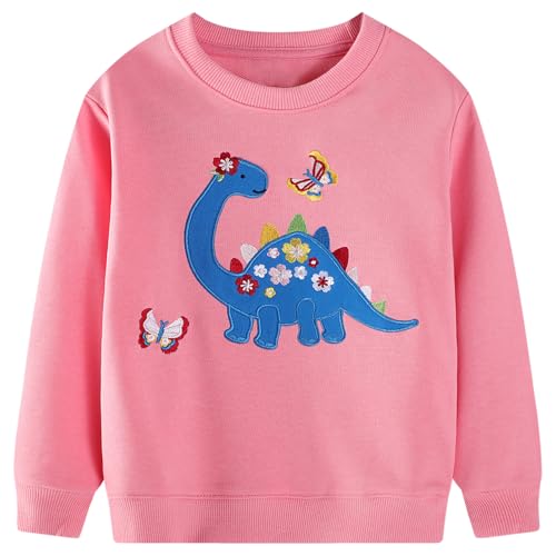 CM-Kid Mädchen Sweatshirts Langarm Pullover Kinder Baumwolle Shirts Winter Warm Dino Tops 6 7 Jahre Dinosaurier Rosa Gr.122 von CM-Kid