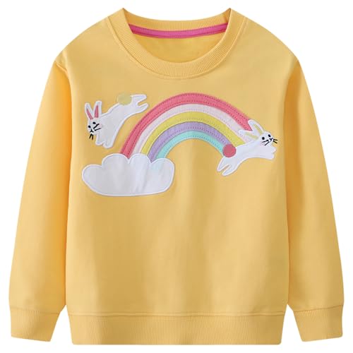 CM-Kid Mädchen Sweatshirts Langarm Pullover Kinder Baumwolle Shirts Winter Warm Dino Tops 6 7 Jahre Regenbogen Gelb Gr.122 von CM-Kid