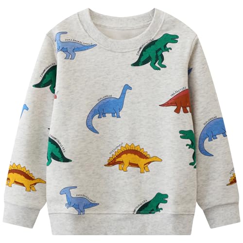CM-Kid Pullover Jungen Langarm Sweatshirts Kinder Baumwolle Shirts Winter Warm Tops 6 7 Jahre Dinosaurier Grau Gr.122 von CM-Kid