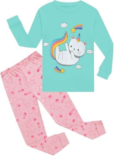 CM-Kid Pyjama Mädchen Lang Kinder Schlafanzug Set Baumwolle Warm Winter Zweiteilig Nachtwäsche 4 5 Jahre Katze Grün Gr.110 von CM-Kid