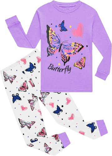 CM-Kid Pyjama Mädchen Lang Kinder Schlafanzug Set Baumwolle Winter Zweiteilig Nachtwäsche 6 7 Jahre Schmetterling Lila Gr.122 von CM-Kid
