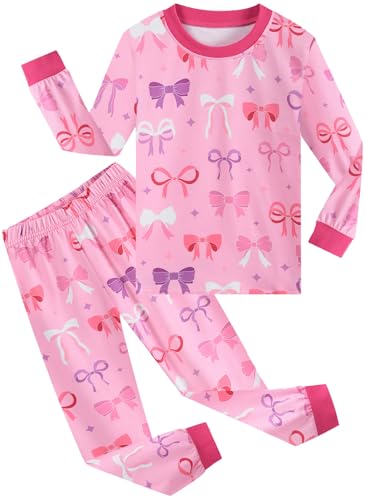 CM-Kid Pyjama Mädchen Lang Kinder Schlafanzug Set Digital Winter Zweiteilig Nachtwäsche 6 7 Jahre Schleife Rosa Gr.122 von CM-Kid