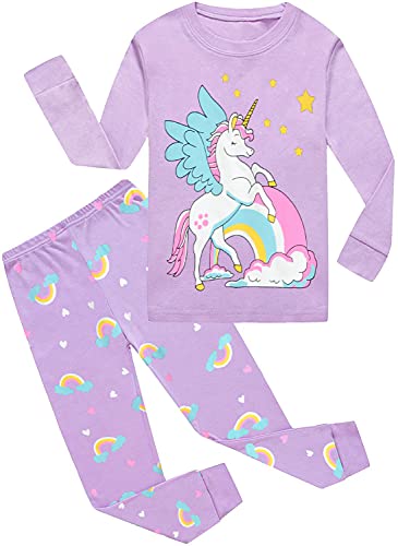CM-Kid Pyjama Mädchen Langarm Kinder Schlafanzug Set Baumwolle Warm Zweiteiliger Nachtwäsche 5 6 Jahre Einhorn Lila Gr.116 von CM-Kid