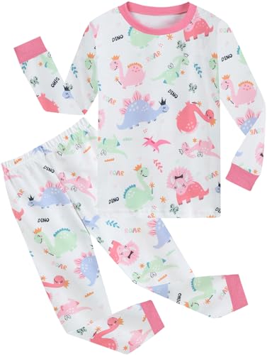 CM-Kid Pyjama Mädchen Langarm Kinder Schlafanzug Set Warm Winter 2teilig Nachtwäsche 3 4 Jahre Dinosaurier Weiß Gr.104 von CM-Kid