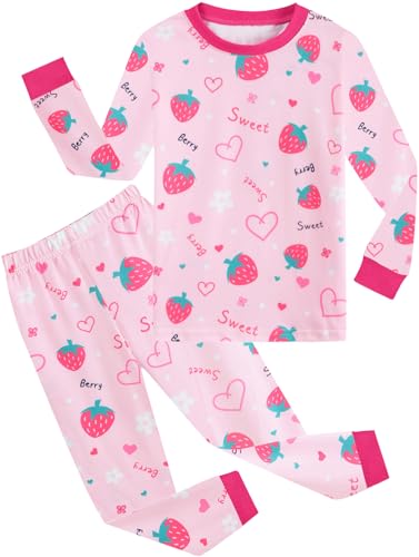 CM-Kid Pyjama Mädchen Langarm Kinder Schlafanzug Set Warm Winter Zweiteilig Nachtwäsche 3 4 Jahre Erdbeer Rosa Gr.104 von CM-Kid