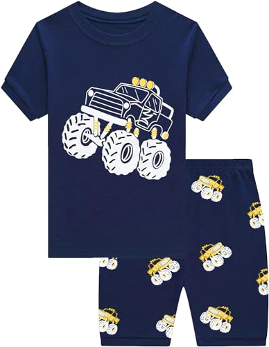 CM-Kid Pyjama Set Jungen Kurz Kinder Schlafanzug Sommer Nachtwäsche 3 4 Jahre Fluoreszenz Truck Dunkelblau Gr.104 von CM-Kid