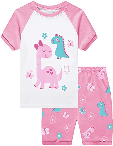 CM-Kid Pyjama Set Mädchen Kurz Kinder Raglan Schlafanzüge Sommer Baumwolle 6 7 Jahre Dinosaurier Rosa Gr.122 von CM-Kid