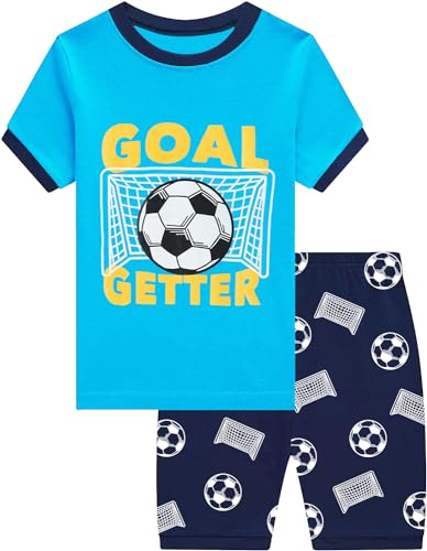 CM-Kid Pyjamas Jungen Schlafanzug Kinder Kurz Set Shorty Sommer Baumwolle Nachtwäsche 6 7 Jahre Fußball Blau Gr.122 von CM-Kid