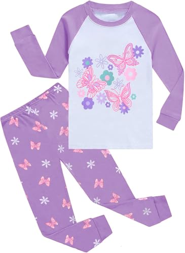 CM-Kid Pyjamas Mädchen Lang Schlafanzug Set Baby Kinder Winter Raglan Nachtwäsche 1 2 Jahre Schmetterling Lila Gr.92 von CM-Kid