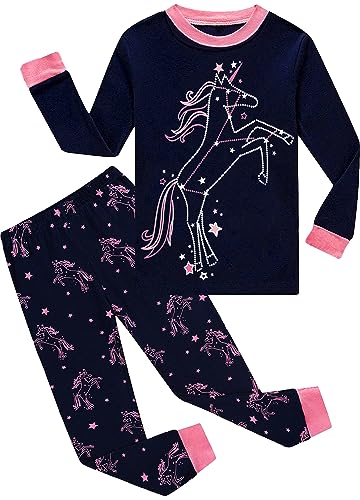 CM-Kid Pyjamas Set Baby Mädchen Lang Kinder Schlafanzug Winter Warm Baumwolle 1 2 Jahre Fluoreszenz Einhorn Dunkelblau Gr.92 von CM-Kid