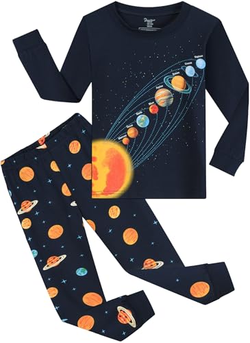 CM-Kid Pyjamas Set Jungen Schlafanzug Lang Kinder Baumwolle Warm Nachtwäsche 6 7 Jahre Weltraum Planet Dunkelblau Gr.122 von CM-Kid