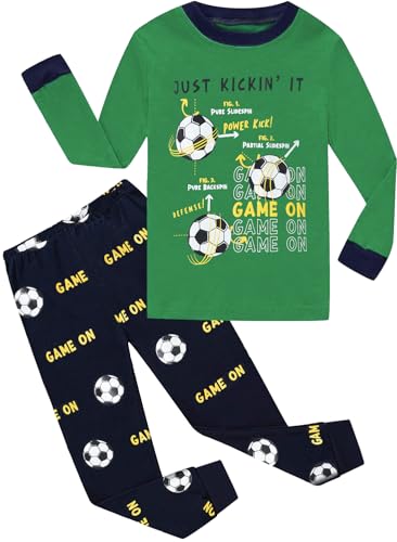 CM-Kid Pyjamas Set Jungen Schlafanzug Lang Warm Kinder Baumwolle Winter Zweiteiliger Nachtwäsche 6 7 Jahre Fußball Grün Gr.122 von CM-Kid