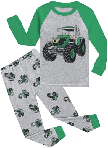 CM-Kid Pyjamas Set Jungen Schlafanzug Raglan Lang Kinder Warm Winter Zweiteiliger Nachtwäsche 6 7 Jahre Traktor Grau Gr.122 von CM-Kid