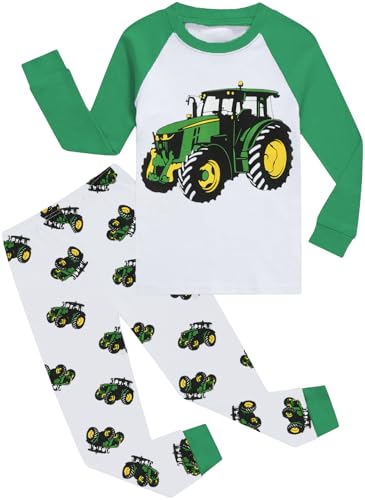 CM-Kid Pyjamas Set Jungen Schlafanzug Raglan Lang Kinder Warm Winter Zweiteiliger Nachtwäsche 6 7 Jahre Traktor Grün Gr.122 von CM-Kid