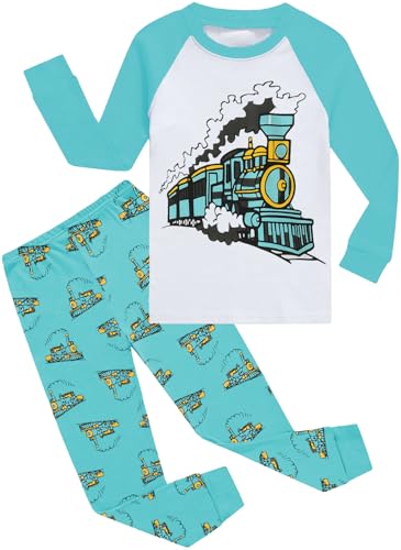 CM-Kid Pyjamas Set Jungen Schlafanzug Raglan Lang Kinder Winter Zweiteiliger Nachtwäsche 5 6 Jahre Zug Eisenbahn Blau Gr.116 von CM-Kid
