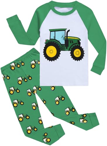CM-Kid Pyjamas Set Jungen Schlafanzug Warm Winter Kinder Raglan Langarm Nachtwäsche 5 6 Jahre Traktor Grün Gr.116 von CM-Kid
