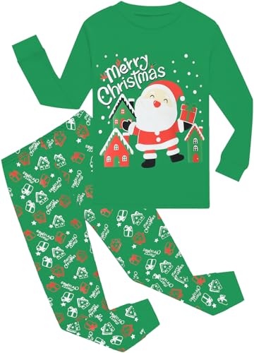 CM-Kid Pyjamas Set Jungen Schlafanzug Weihnachten Lang Kinder Zweiteiliger Nachtwäsche 5 6 Jahre Weihnachtsmann Grün Gr.116 von CM-Kid