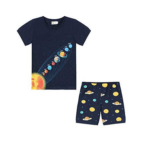 CM-Kid Jungen Schlafanzug Kurzarm Kinder Shorty Pyjamas Set Sommer Baumwolle 4 5 Jahre Planet Dunkelblau Gr.110 von CM-Kid