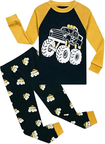 CM-Kid Schlafanzüge Jungen Lang Pyjama Kinder Warm Zweiteiliger Nachtwäsche 3 4 Jahre Fluoreszenz Truck Dunkelblau Gr.104 von CM-Kid