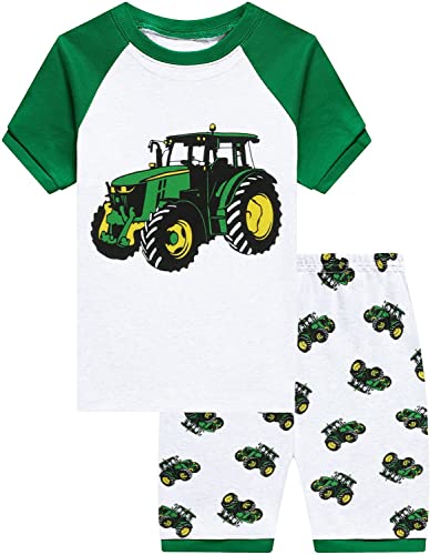 CM-Kid Schlafanzug Baby Jungen Kurz Kinder Raglan Pyjama Set Sommer Baumwolle 1 2 Jahre Traktor Grün Gr.92 von CM-Kid