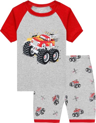 CM-Kid Schlafanzug Baby Jungen Kurz Kinder Raglan Pyjama Set Sommer Baumwolle 1 2 Jahre Truck Grau Gr.92 von CM-Kid