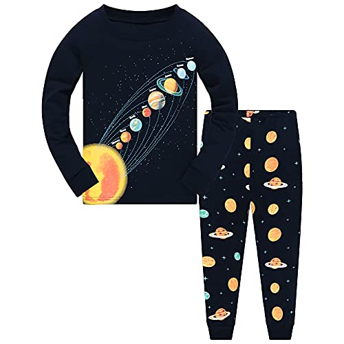 CM-Kid Schlafanzug Jungen Lang Kinder Pyjama Set Baumwolle Frühling Herbst Winter 3-4 Jahre Weltraum Planet Dunkelblau Gr.104 von CM-Kid