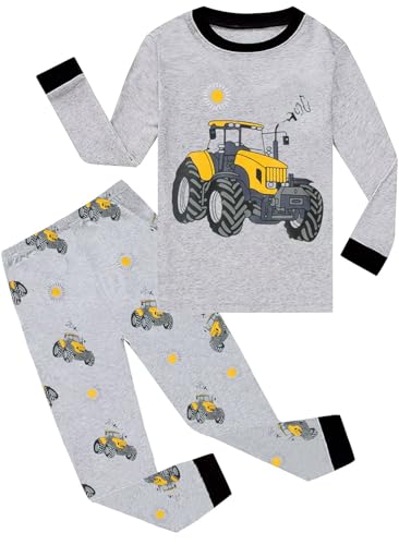 CM-Kid Pyjamas Set Jungen Lang Schlafanzug Kinder Baumwolle Winter Warm Zweiteiliger Nachtwäsche 5 6 Jahre Traktor Grau Gr.116 von CM-Kid